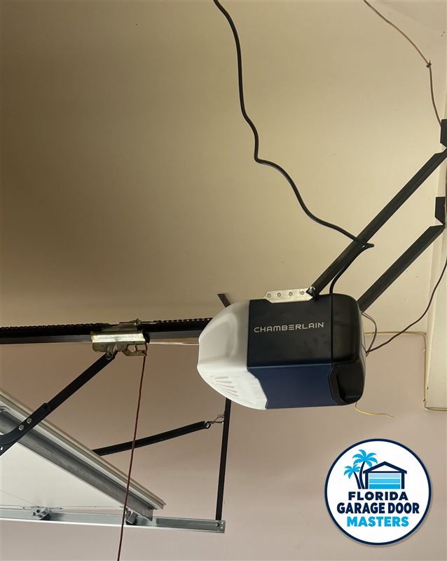 Chamberlain garage door opener installed with rail and hanging brackets