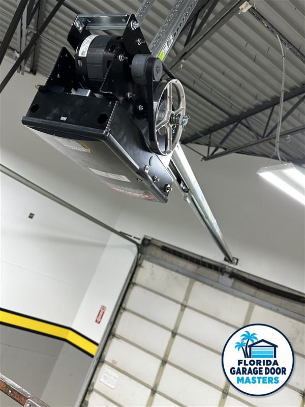 Commercial garage door operator with chain hoist mounted above the door